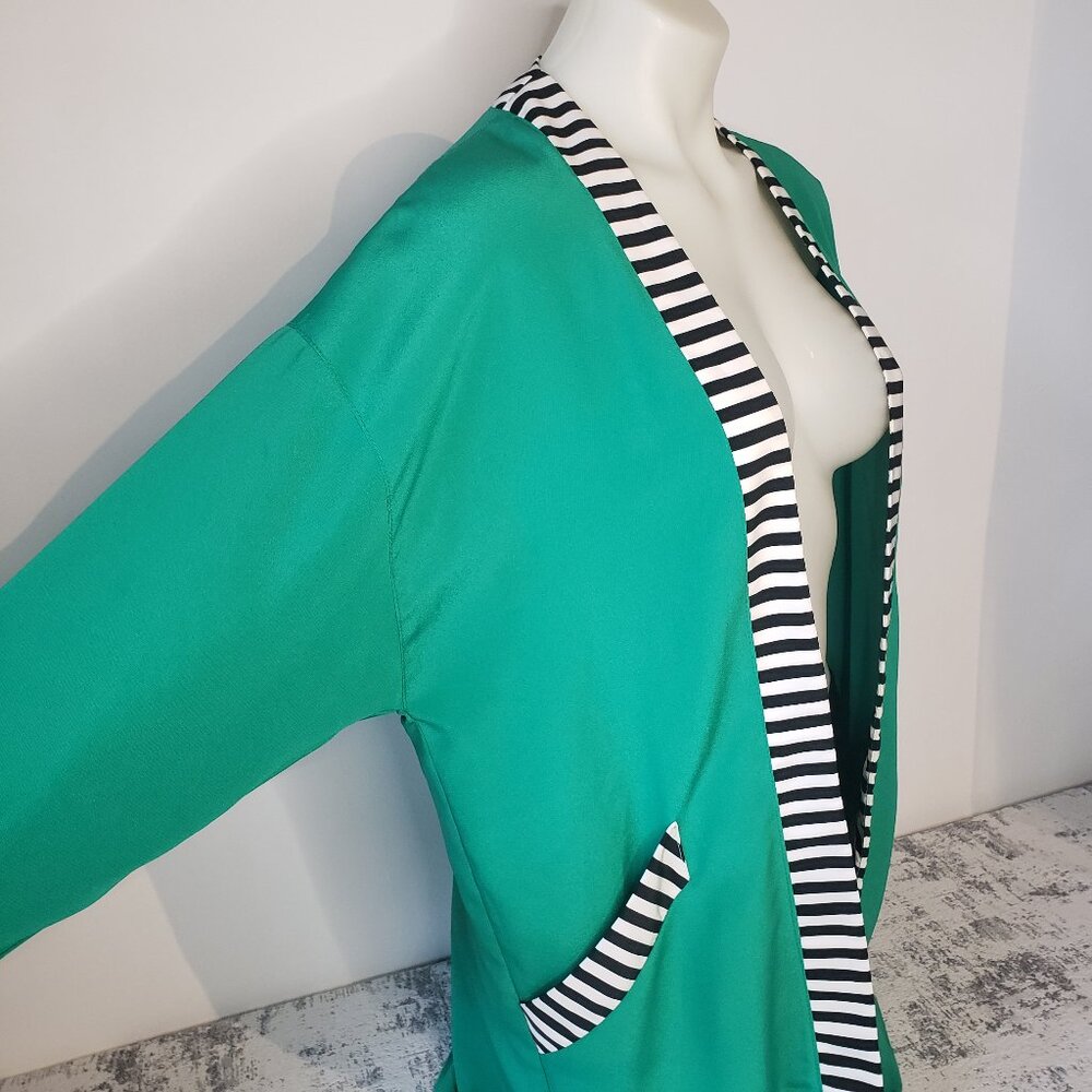 Lux Vintage PODIUM Paris Sheer Deep Green w Black + White Strip Trim Robe